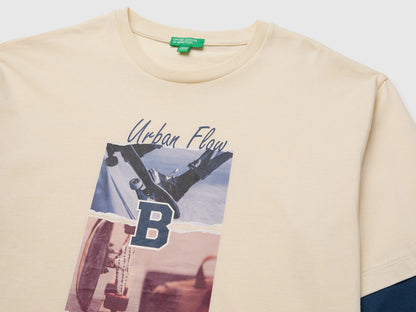 Benetton Creamy White Boys Over-Fit T-Shirt in Organic Cotton SKU: 3I1XC10UI_3C9 Image 03