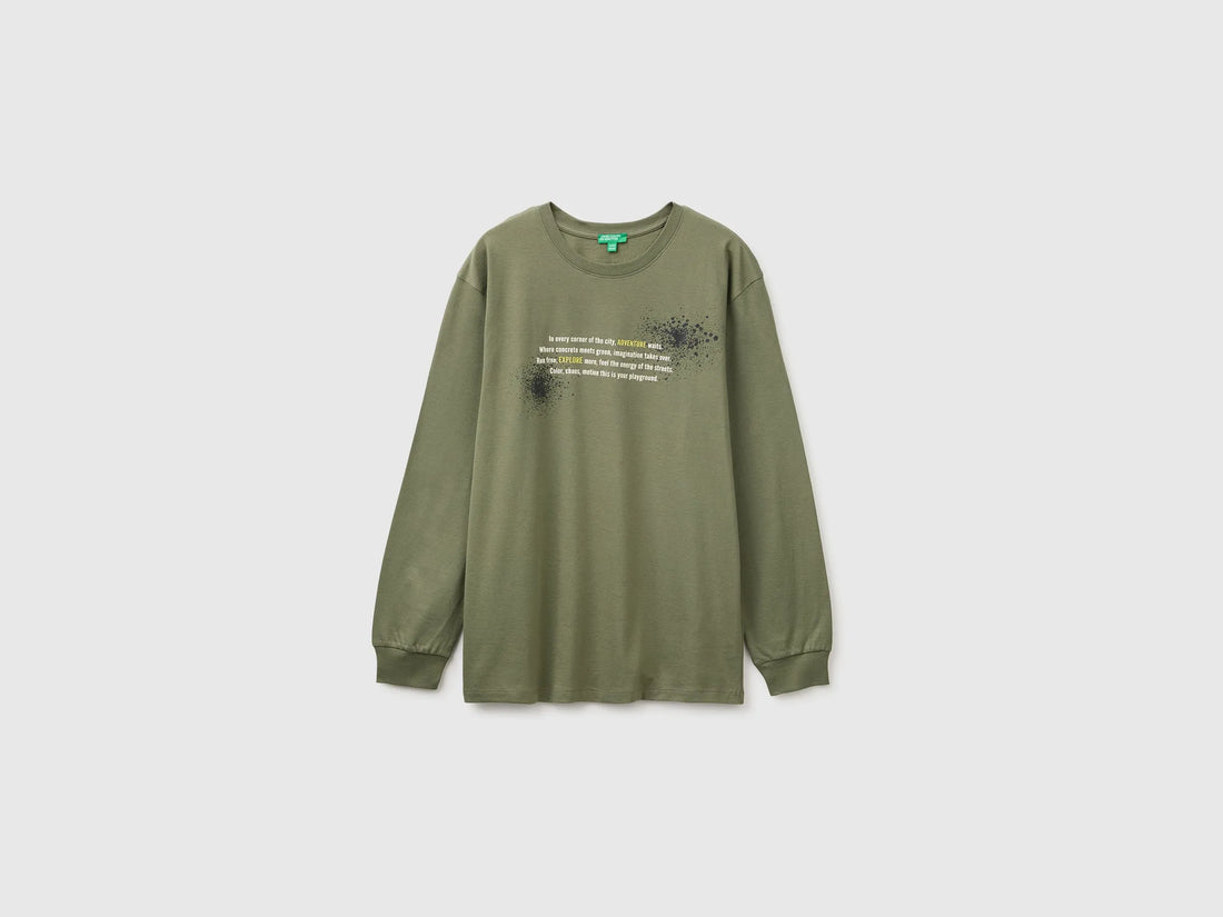 Benetton Military Green Boys 100% Organic Cotton T-Shirt with Print And Patch SKU: 3I1XC10UJ_07N Image 01