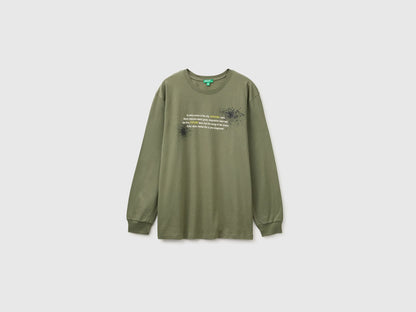 Benetton Military Green Boys 100% Organic Cotton T-Shirt with Print And Patch SKU: 3I1XC10UJ_07N Image 01