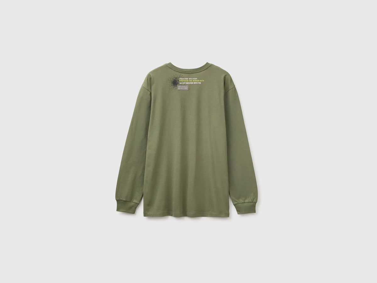 Benetton Military Green Boys 100% Organic Cotton T-Shirt with Print And Patch SKU: 3I1XC10UJ_07N Image 02