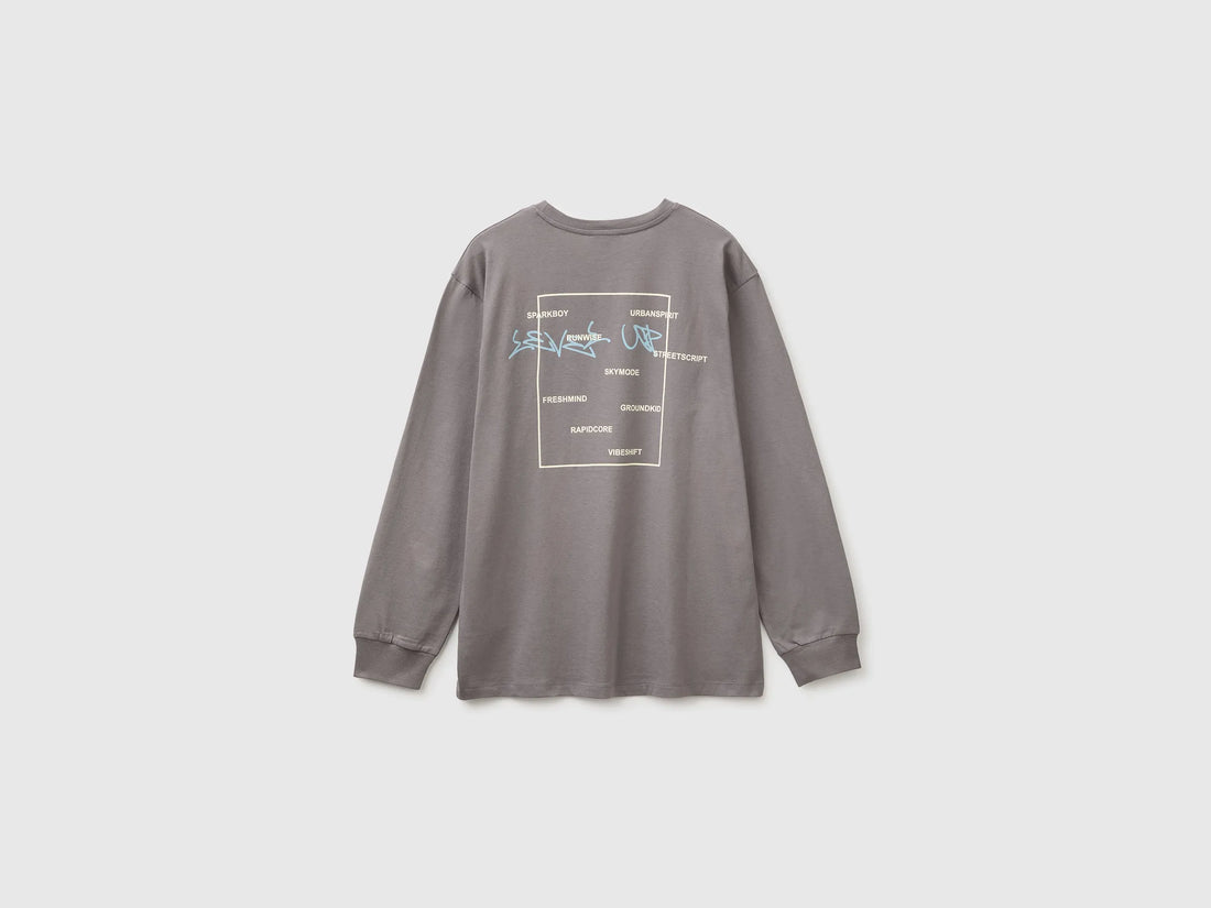 Benetton Gray Boys 100% Organic Cotton T-Shirt with Print And Patch SKU: 3I1XC10UJ_39R Image 02