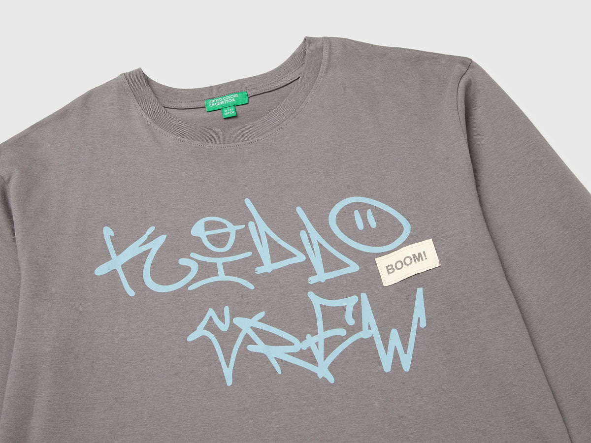 Benetton Gray Boys 100% Organic Cotton T-Shirt with Print And Patch SKU: 3I1XC10UJ_39R Image 03