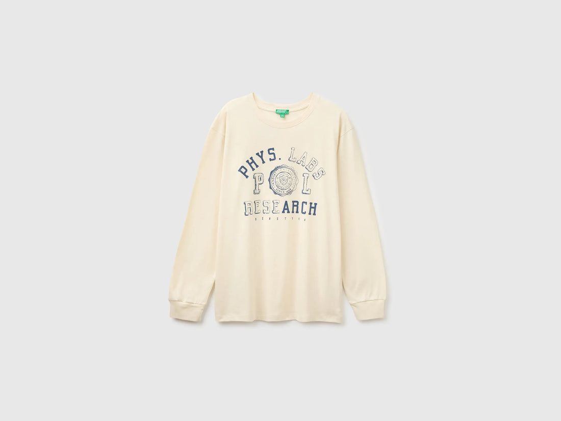Benetton Creamy White Boys 100% Organic Cotton T-Shirt with Print And Patch SKU: 3I1XC10UJ_3C9 Image 01