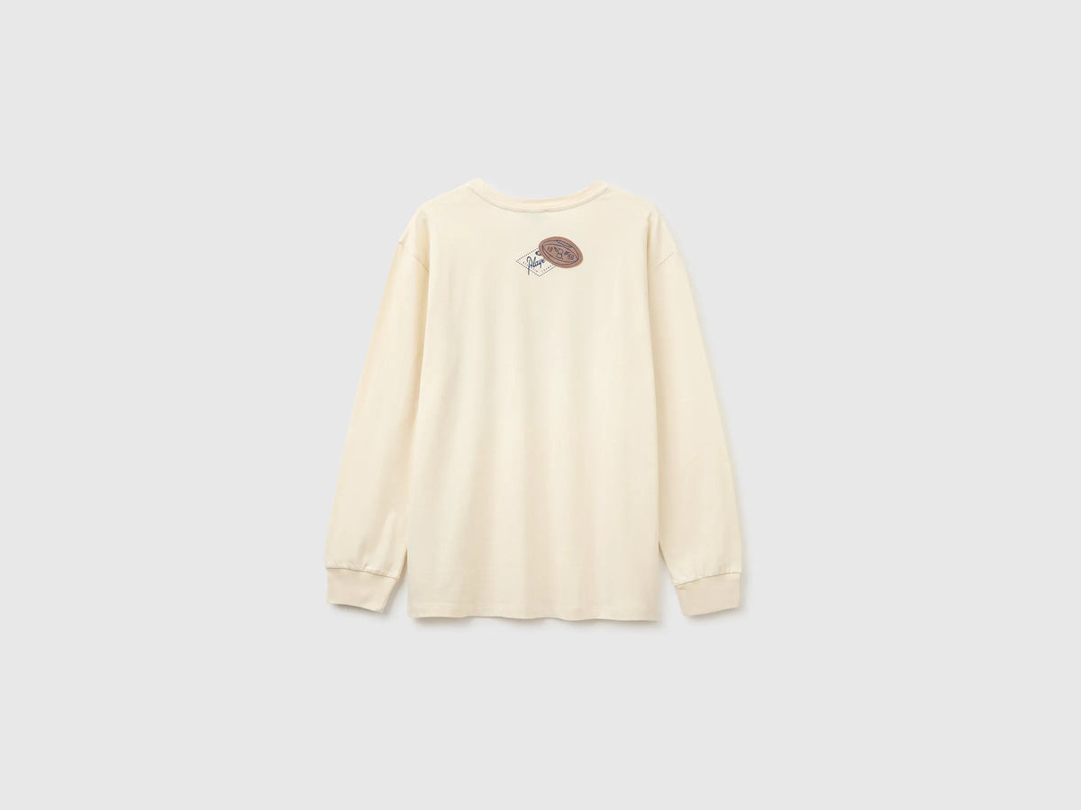 Benetton Creamy White Boys 100% Organic Cotton T-Shirt with Print And Patch SKU: 3I1XC10UJ_3C9 Image 02