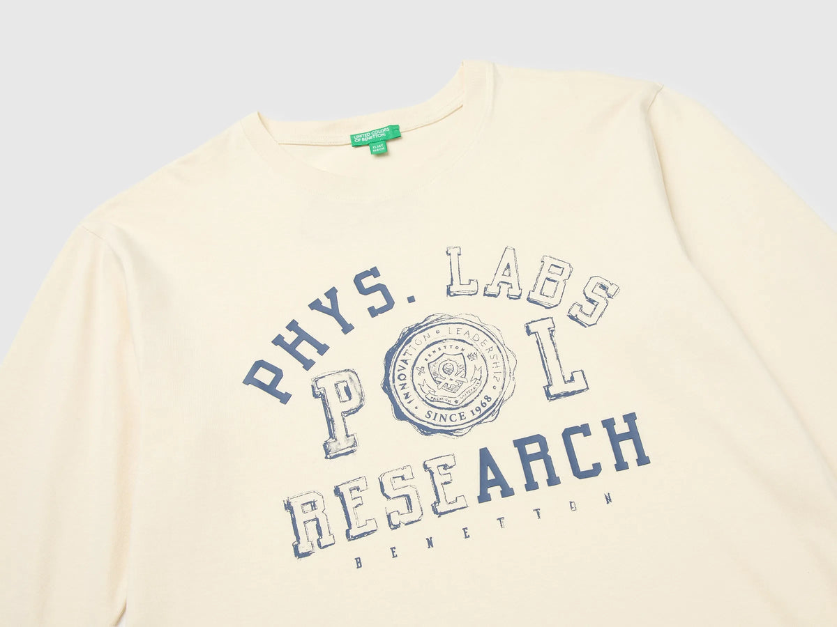 Benetton Creamy White Boys 100% Organic Cotton T-Shirt with Print And Patch SKU: 3I1XC10UJ_3C9 Image 03