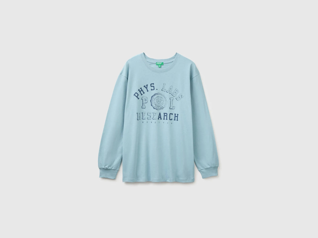 Benetton Light Blue Boys 100% Organic Cotton T-Shirt with Print And Patch SKU: 3I1XC10UJ_3E4 Image 01