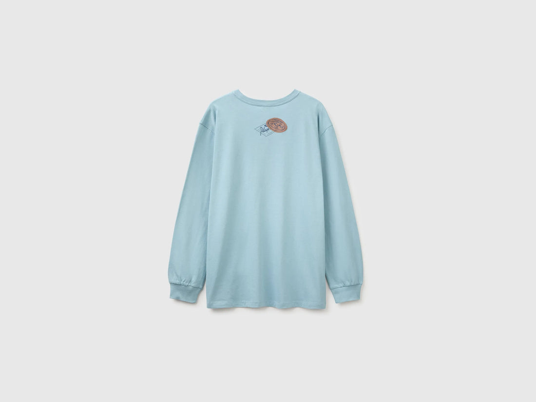Benetton Light Blue Boys 100% Organic Cotton T-Shirt with Print And Patch SKU: 3I1XC10UJ_3E4 Image 02