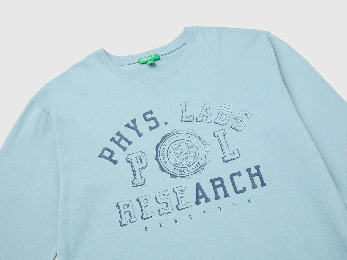 Benetton Light Blue Boys 100% Organic Cotton T-Shirt with Print And Patch SKU: 3I1XC10UJ_3E4 Image 03