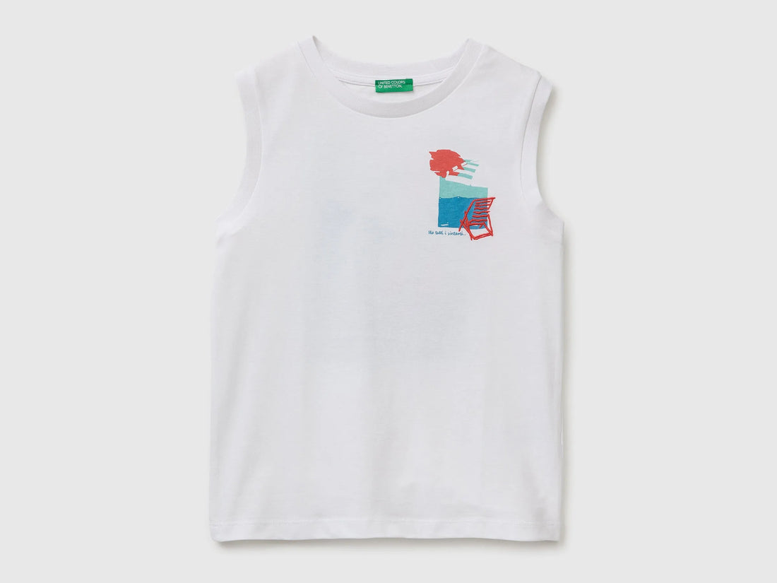 Benetton White Boys Tank Top with Print and Embroidery SKU: 3I1XCH028_101 Image 01