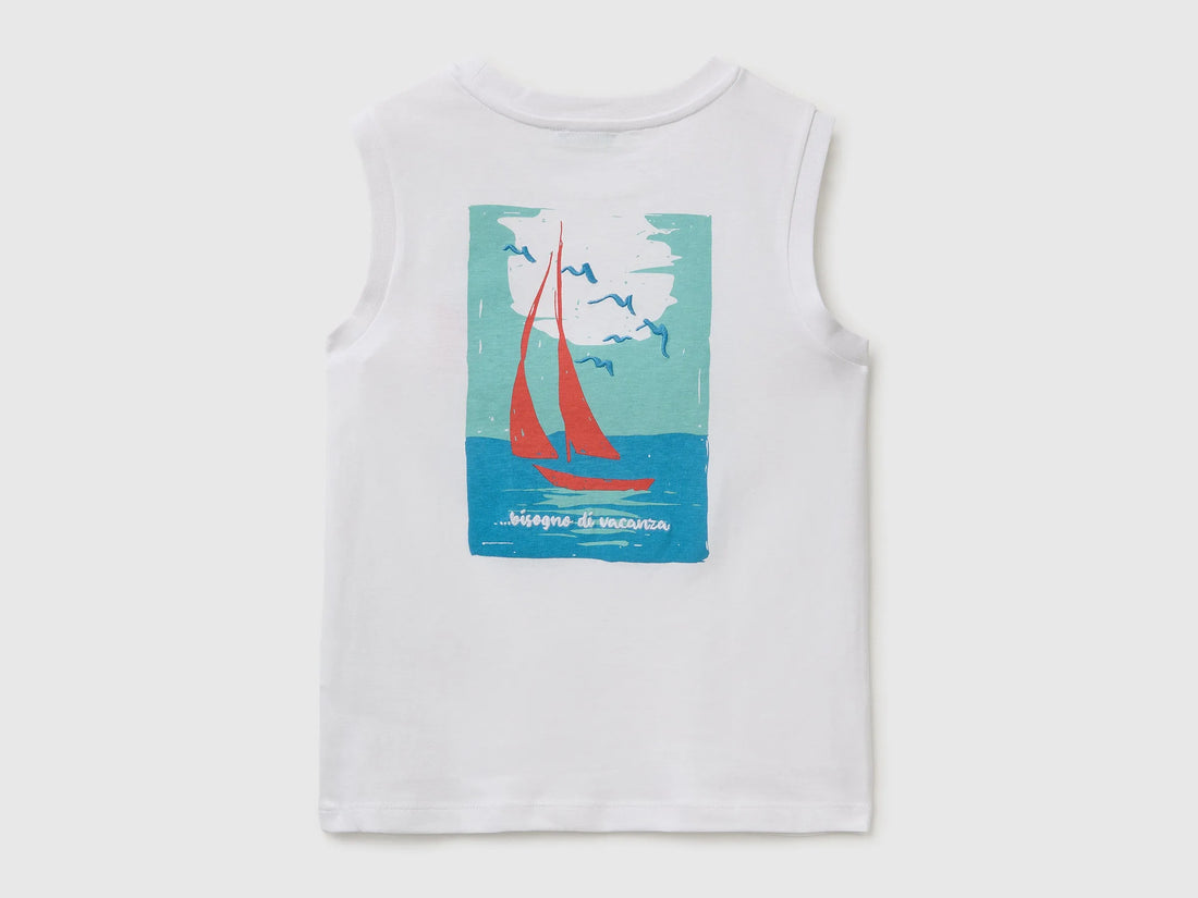 Benetton White Boys Tank Top with Print and Embroidery SKU: 3I1XCH028_101 Image 02