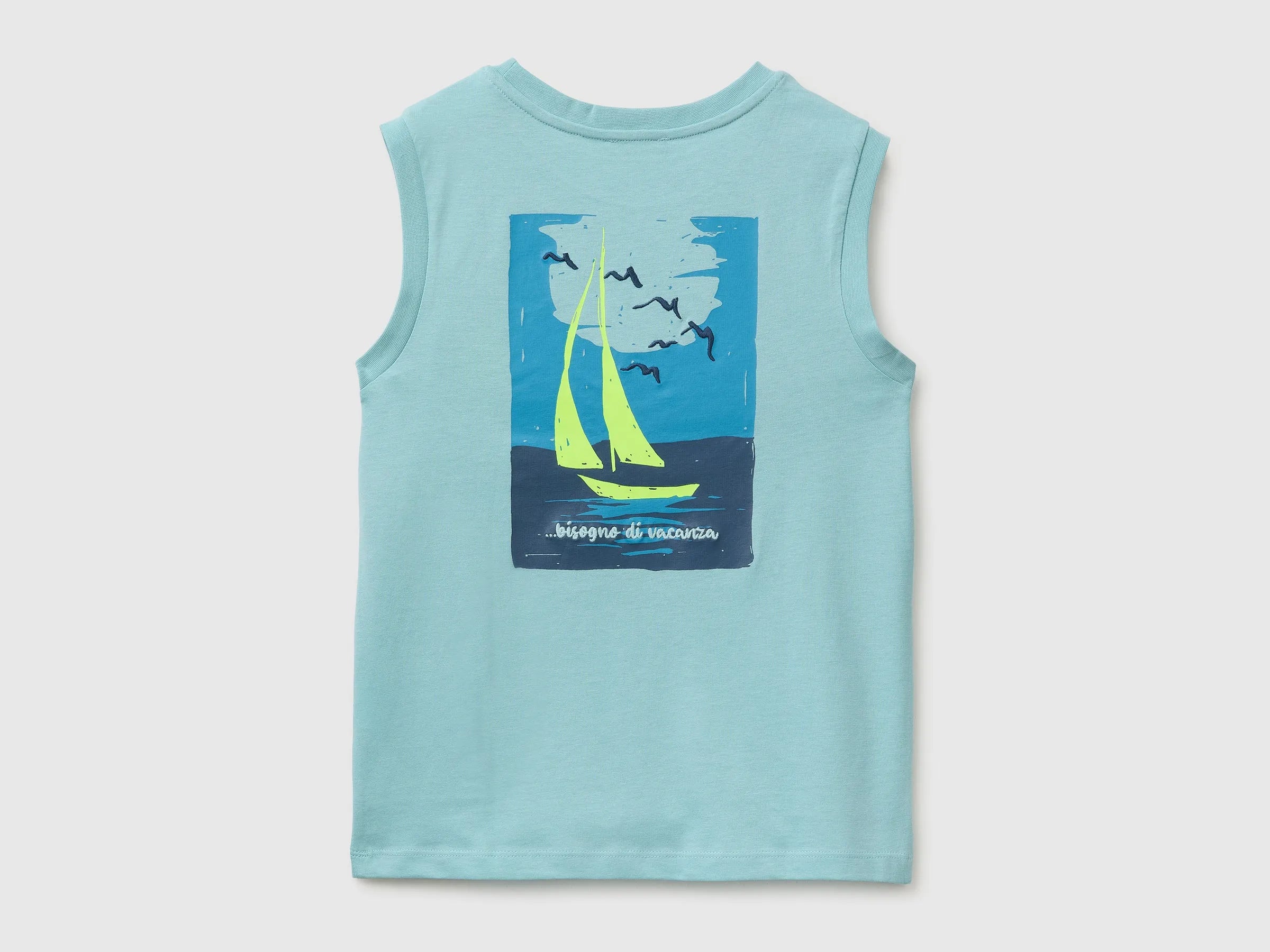 Benetton Aqua Boys Tank Top with Print and Embroidery SKU: 3I1XCH028_3L7 Image 02