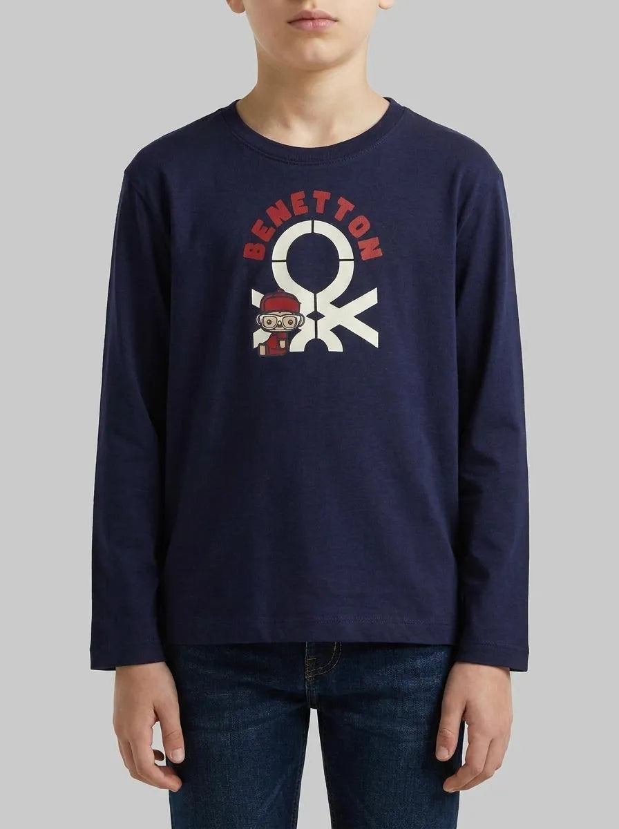 Benetton Dark Blue Boys Long Sleeve Cotton T-Shirt SKU: 3I1XG10F2_252 Image 00