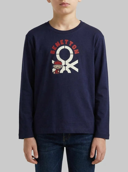 Benetton Dark Blue Boys Long Sleeve Cotton T-Shirt SKU: 3I1XG10F2_252 Image 00
