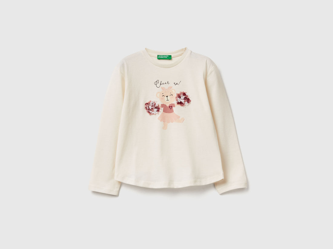 Benetton_Creamy White_T-Shirt with Petal Effect Applique_3I1XG10K8_0R2_01