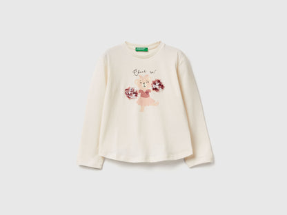 Benetton_Creamy White_T-Shirt with Petal Effect Applique_3I1XG10K8_0R2_01