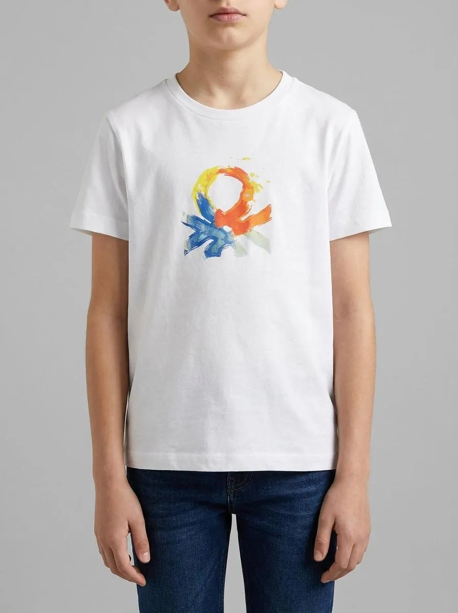 Benetton White Boys T-Shirt with Logo SKU: 3I1XG10LK_101 Image 00