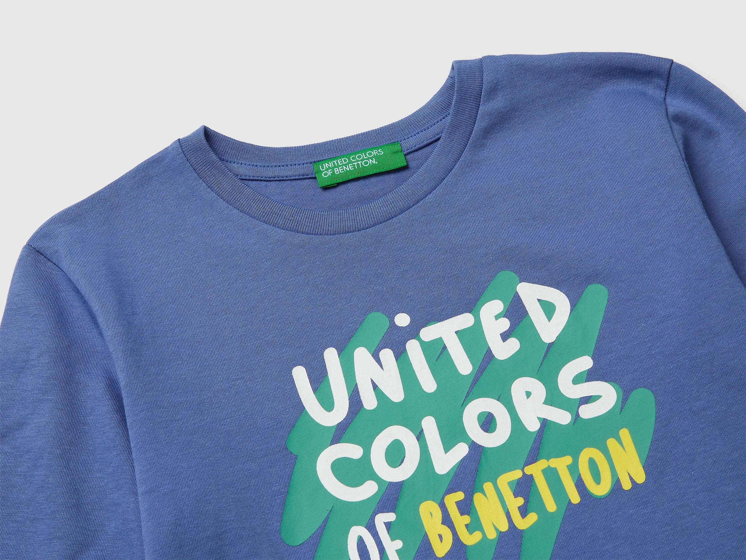 Benetton Air force blue Boys T-Shirt in Organic Cotton with Logo Print SKU: 3I1XG10LM_05N Image 03