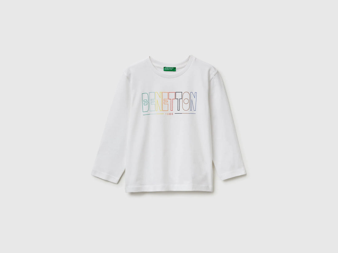 Benetton White Boys T-Shirt in Organic Cotton with Logo Print SKU: 3I1XG10LM_101 Image 01