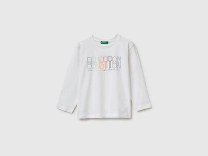 Benetton White Boys T-Shirt in Organic Cotton with Logo Print SKU: 3I1XG10LM_101 Image 01