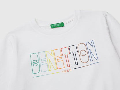 Benetton White Boys T-Shirt in Organic Cotton with Logo Print SKU: 3I1XG10LM_101 Image 03