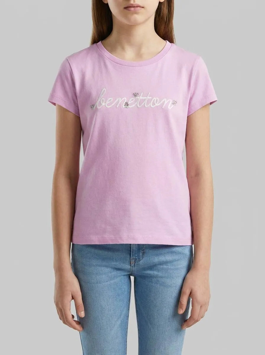 Benetton Lilac Girls T-Shirt with Glitter Print SKU: 3I1XG10LU_00L Image 00