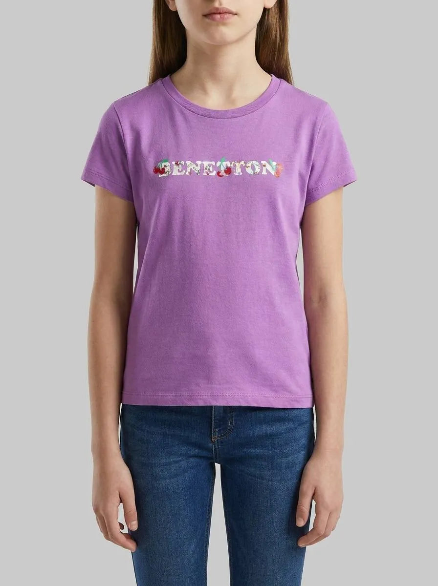 Benetton Purple Girls T-Shirt with Glitter Print SKU: 3I1XG10LU_03L Image 00