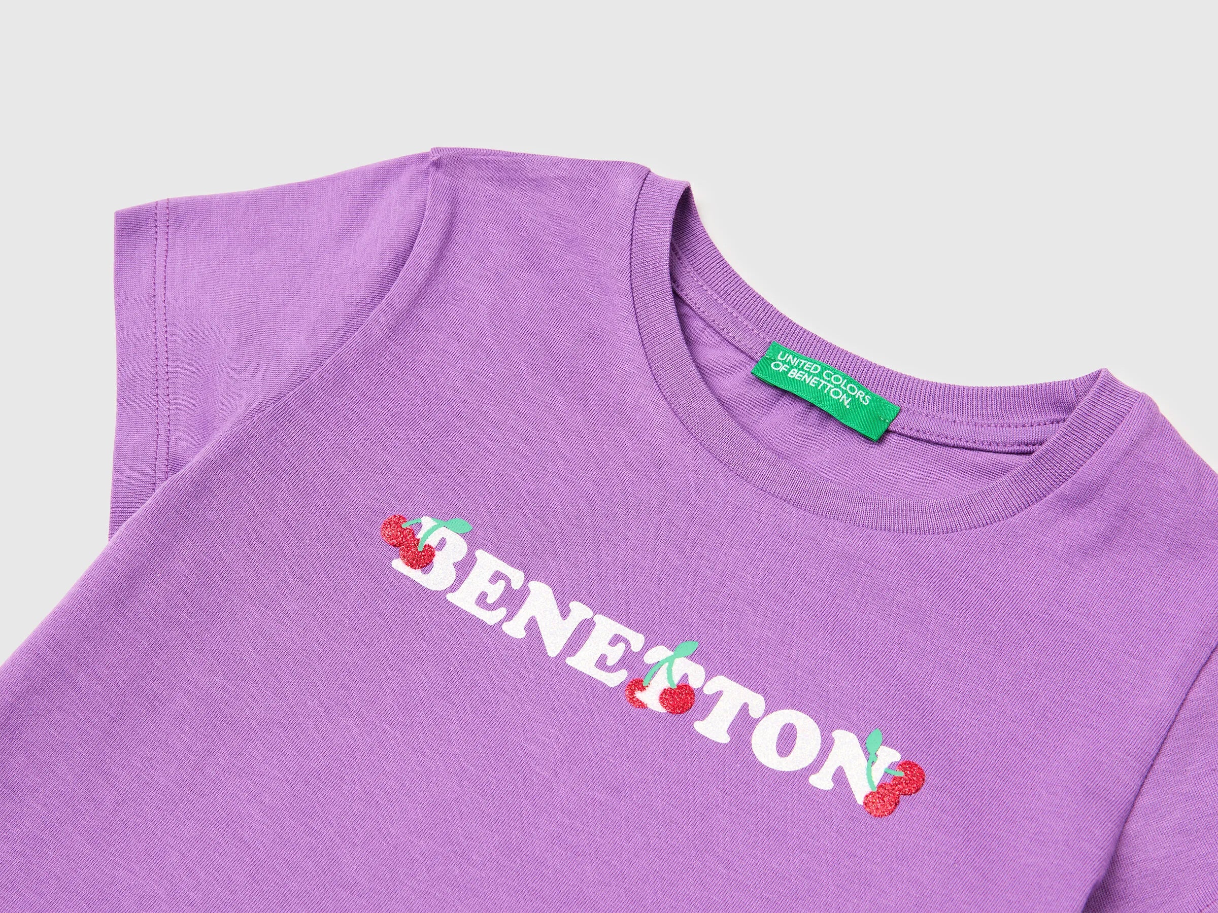 Benetton Purple Girls T-Shirt with Glitter Print SKU: 3I1XG10LU_03L Image 03
