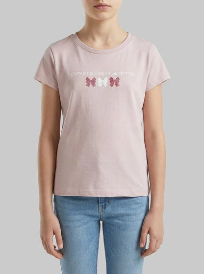 Benetton Pink Girls T-Shirt with Glitter Print SKU: 3I1XG10LU_0C3 Image 00