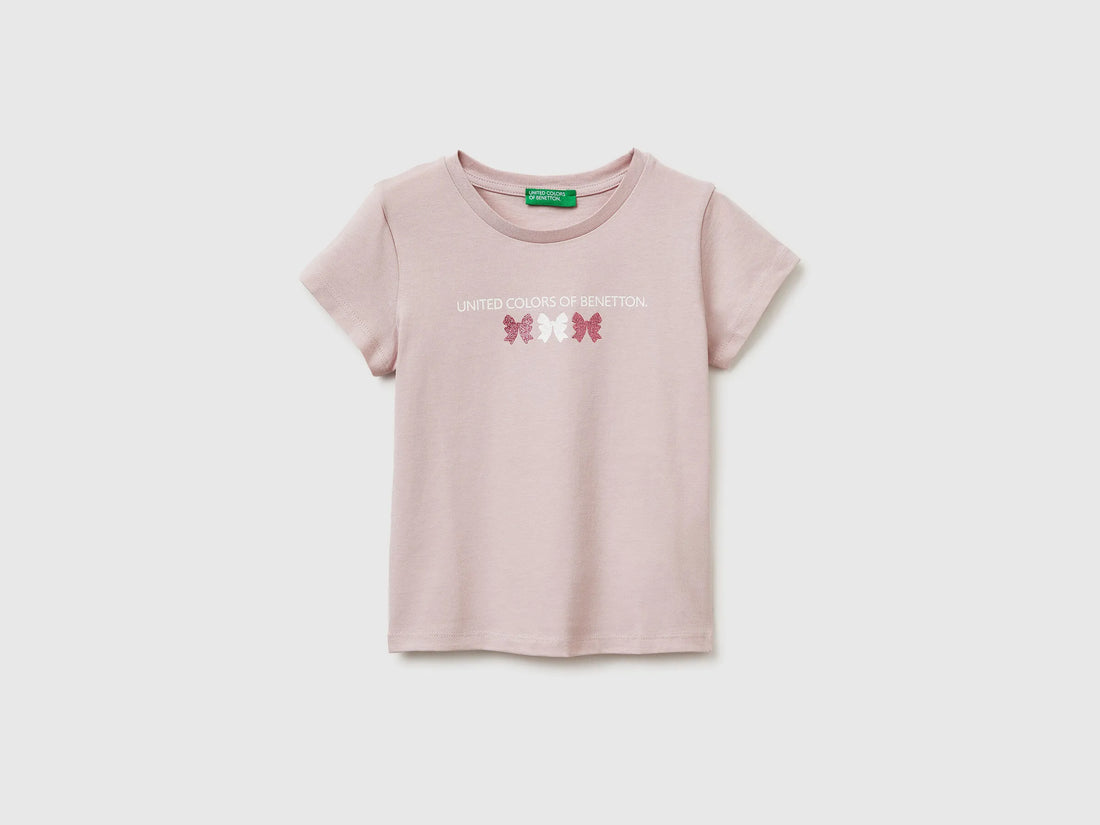 Benetton Pink Girls T-Shirt with Glitter Print SKU: 3I1XG10LU_0C3 Image 01