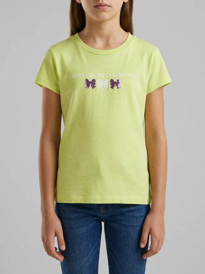 Benetton Yellow Girls T-Shirt with Glitter Print SKU: 3I1XG10LU_0M4 Image 00