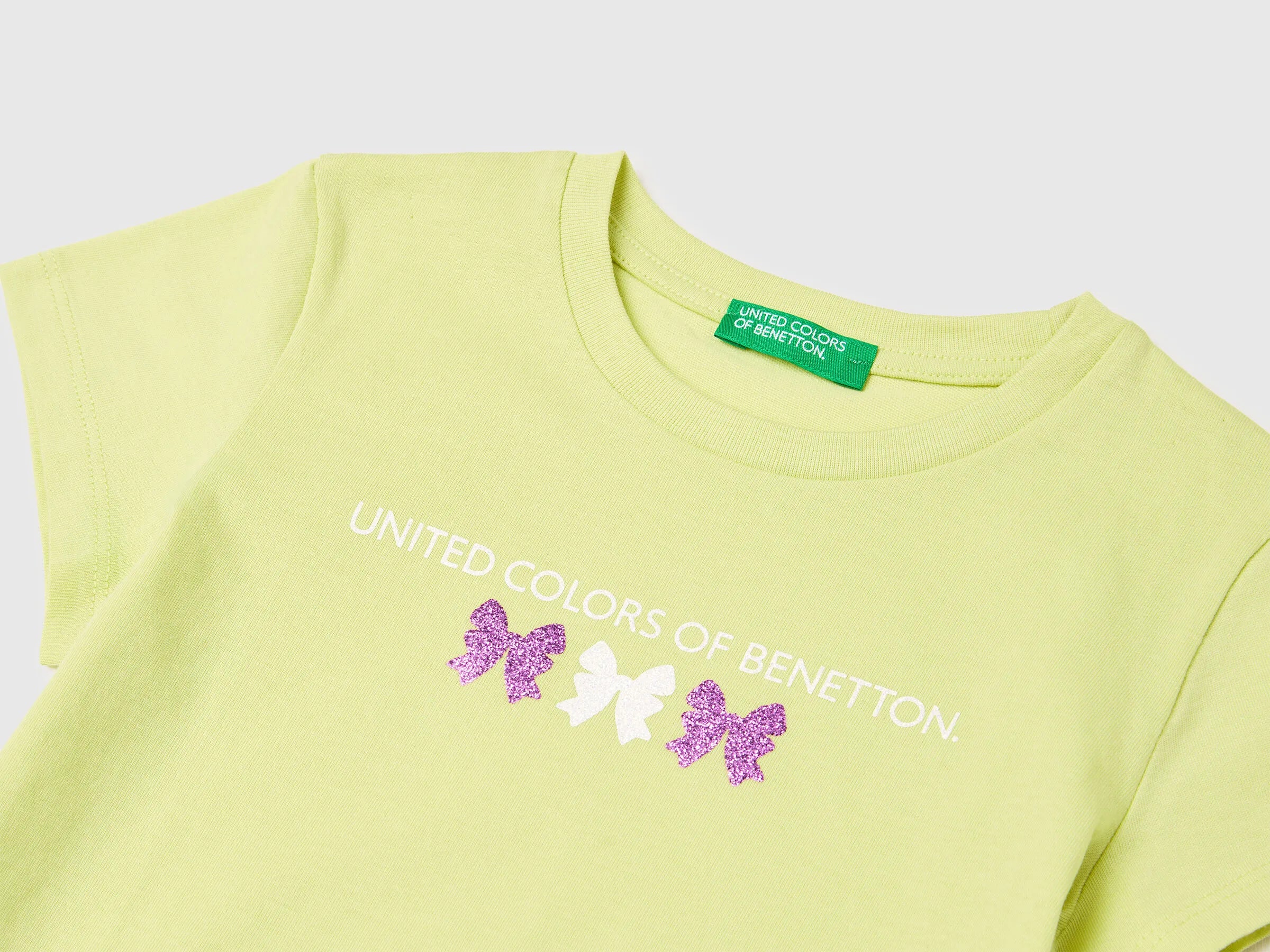 Benetton Yellow Girls T-Shirt with Glitter Print SKU: 3I1XG10LU_0M4 Image 03