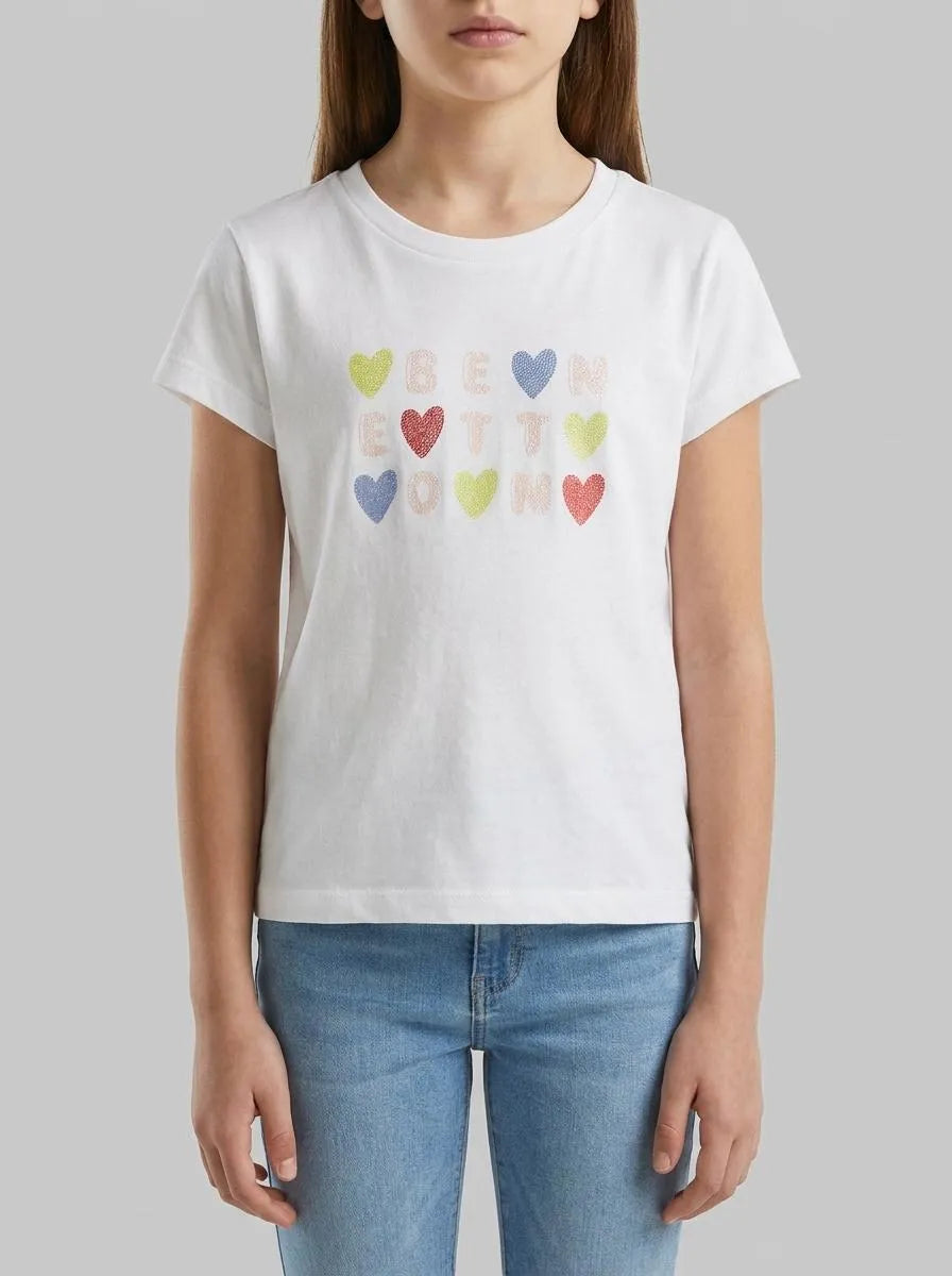 Benetton White Girls T-Shirt with Glitter Print SKU: 3I1XG10LU_101 Image 00
