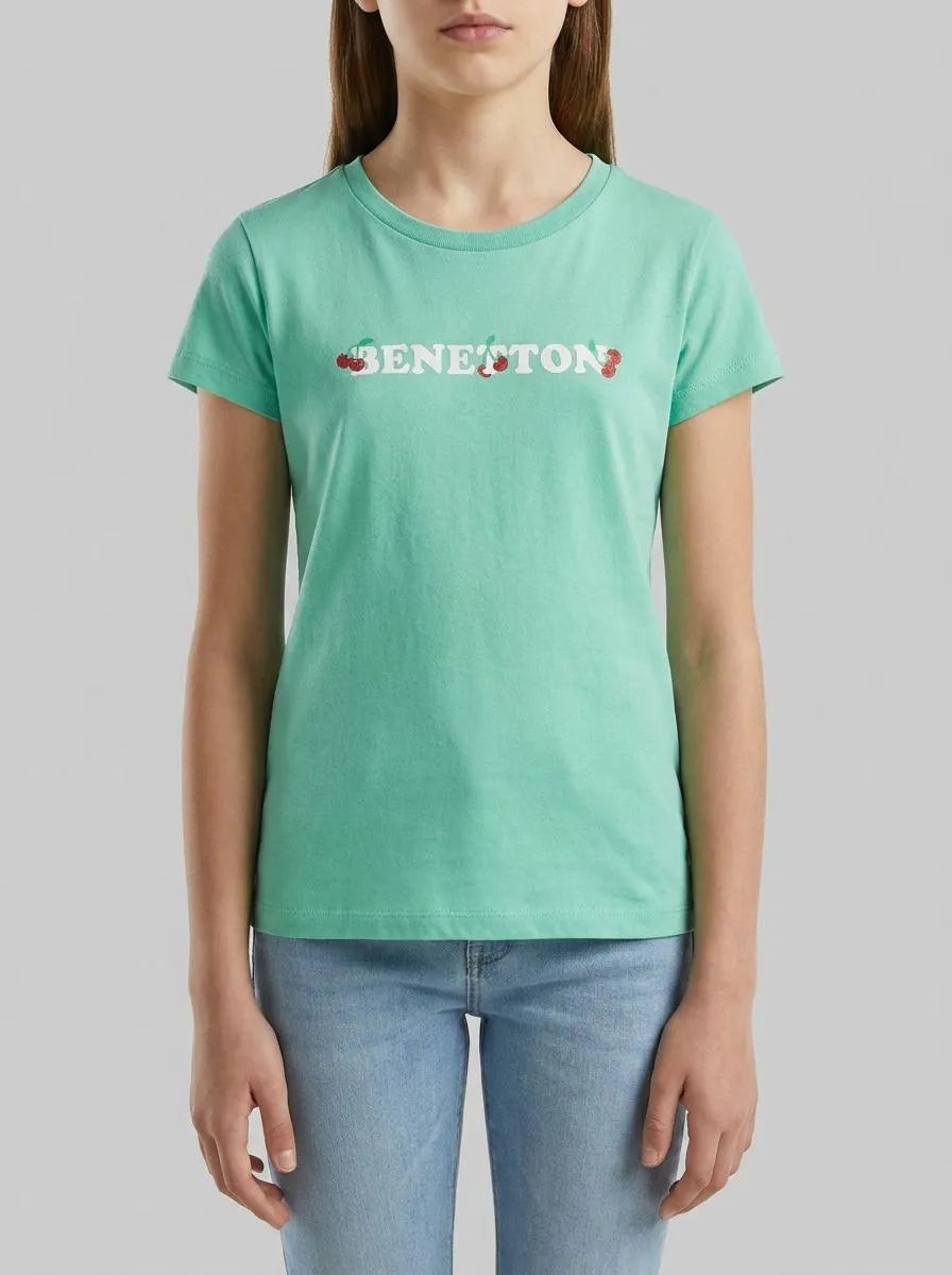 Benetton Aqua Girls T-Shirt with Glitter Print SKU: 3I1XG10LU_13D Image 00