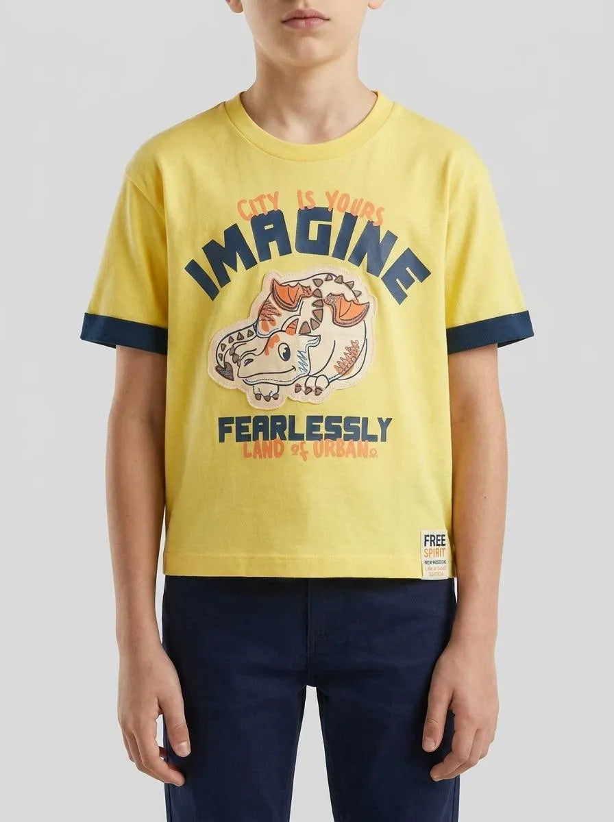 Benetton Yellow Boys Organic Cotton T-Shirt with Print SKU: 3I1XG10LZ_1C7 Image 00