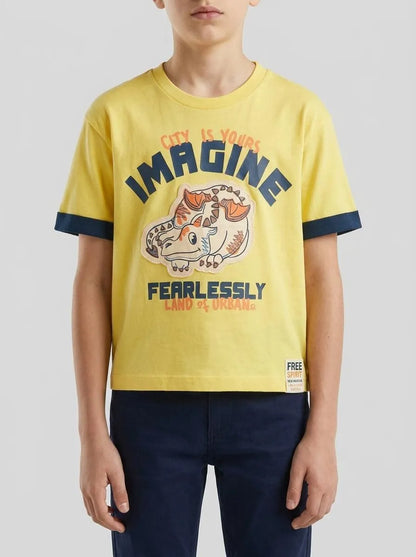 Benetton Yellow Boys Organic Cotton T-Shirt with Print SKU: 3I1XG10LZ_1C7 Image 00
