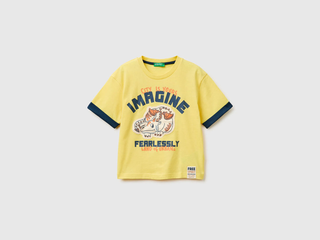 Benetton Yellow Boys Organic Cotton T-Shirt with Print SKU: 3I1XG10LZ_1C7 Image 01