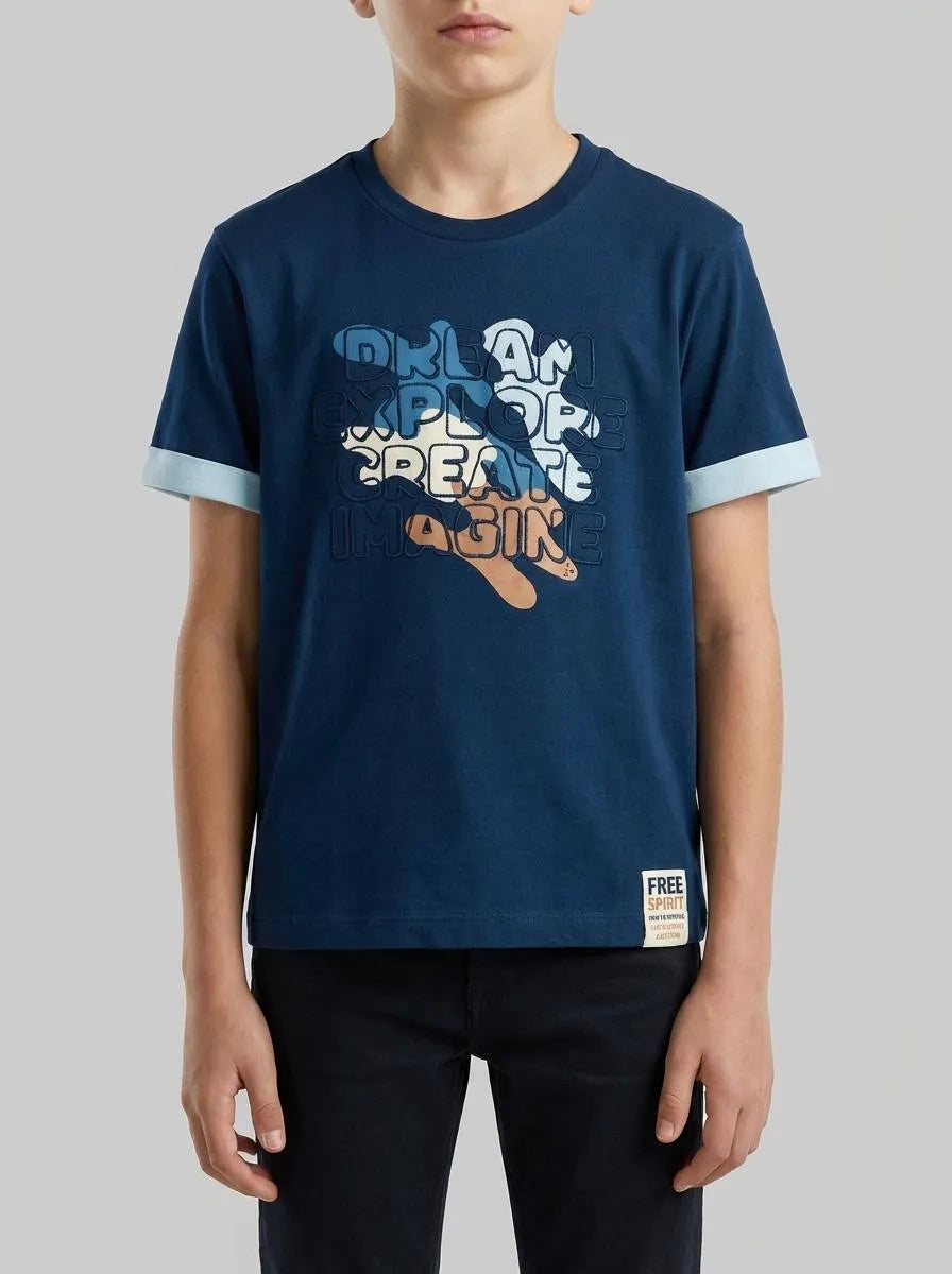 Benetton Dark Blue Boys Organic Cotton T-Shirt with Print SKU: 3I1XG10LZ_37T Image 00