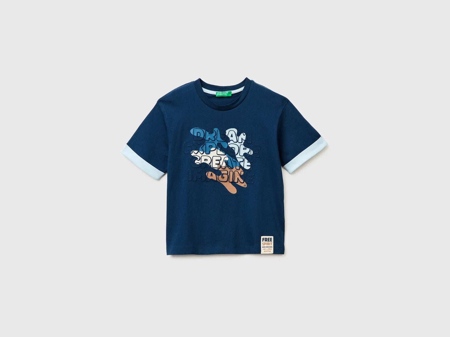 Benetton Dark Blue Boys Organic Cotton T-Shirt with Print SKU: 3I1XG10LZ_37T Image 01