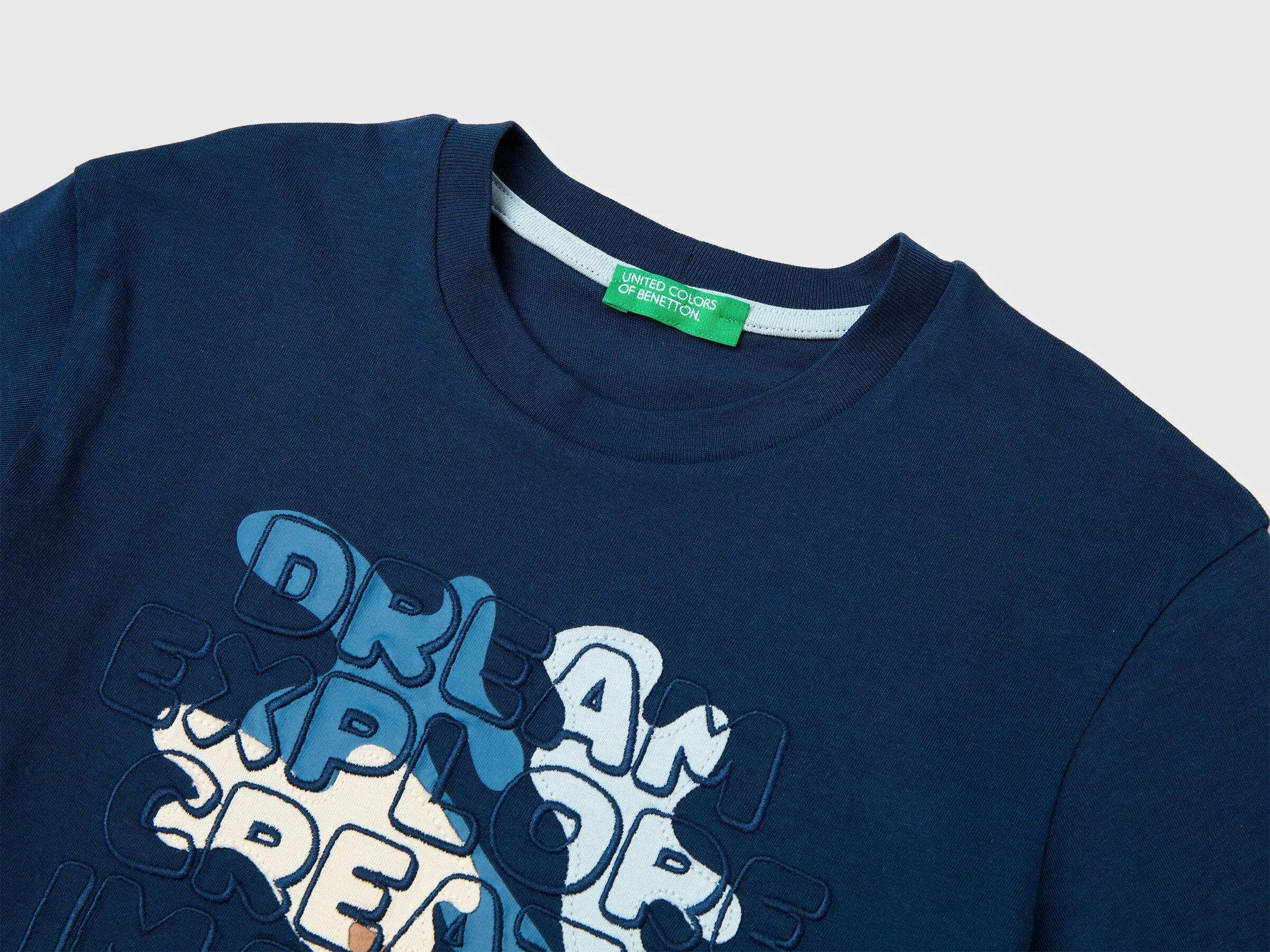 Benetton Dark Blue Boys Organic Cotton T-Shirt with Print SKU: 3I1XG10LZ_37T Image 03