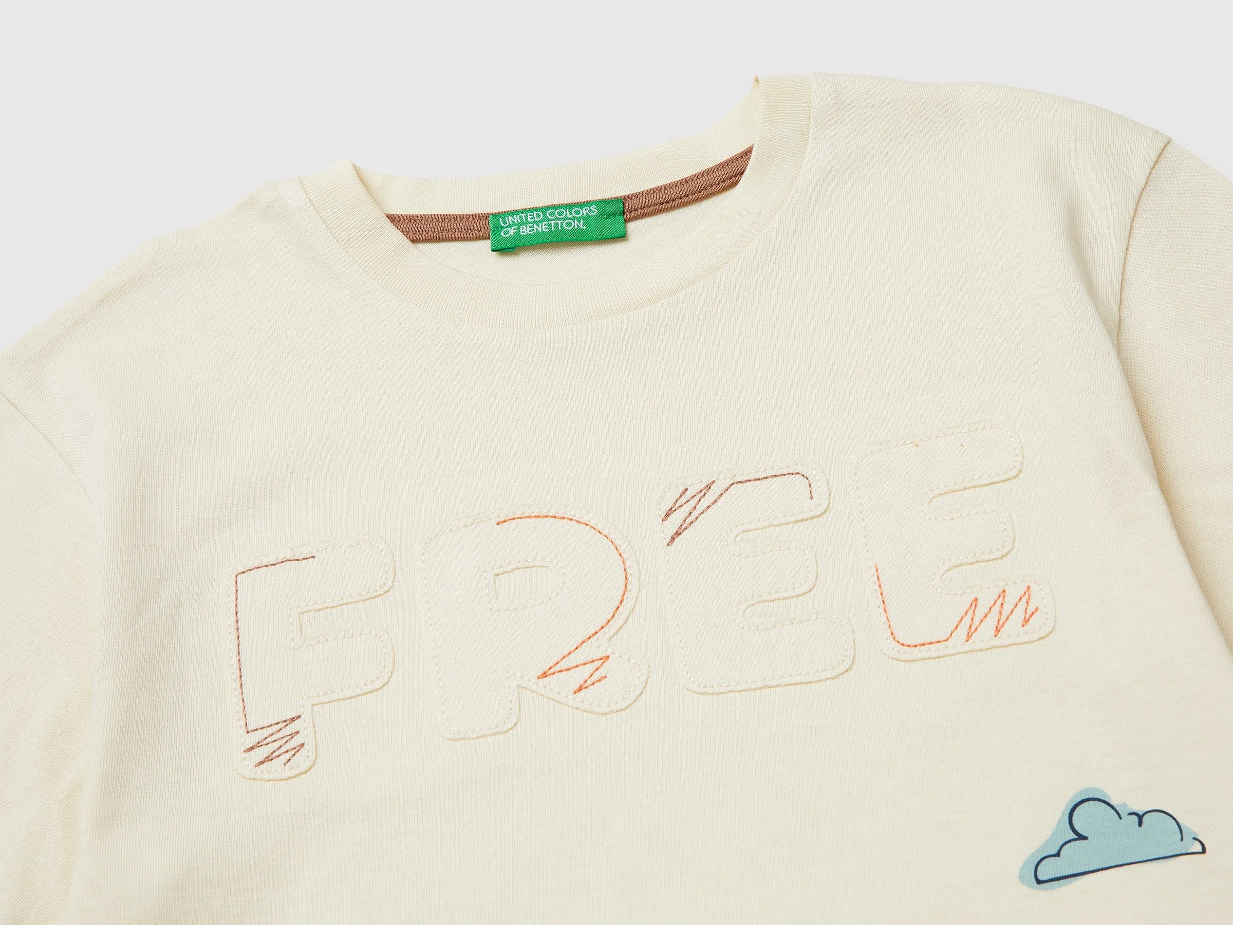 Benetton Creamy white Boys Organic Cotton T-Shirt with Print SKU: 3I1XG10LZ_3C9 Image 03