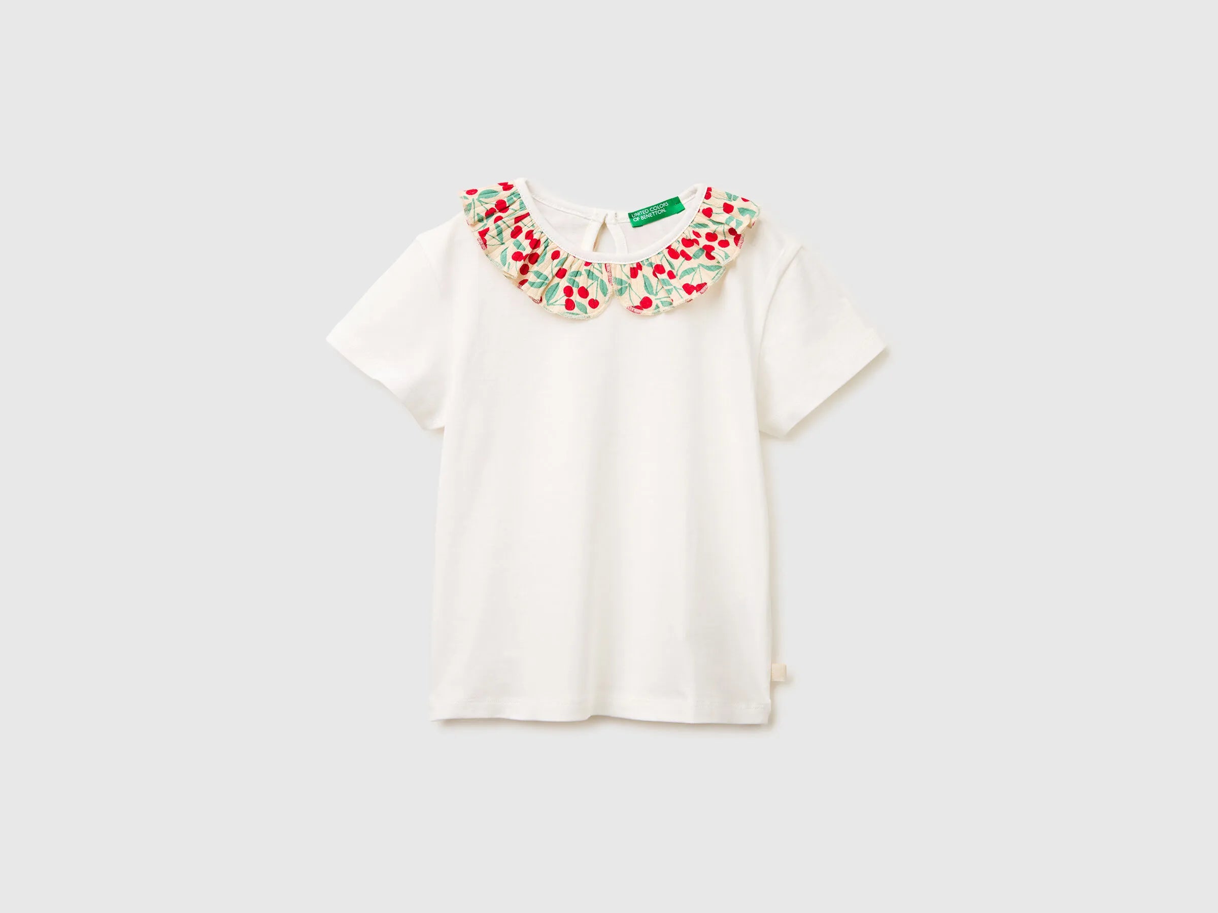 Benetton Creamy White Girls T-Shirt with Ruffles on The Collar SKU: 3I1XG10M4_074 Image 01