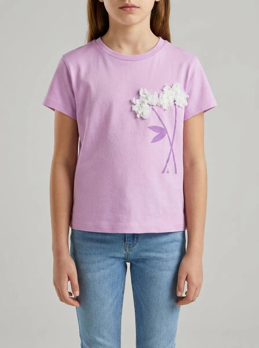 Benetton Lilac Girls T-Shirt with Print and Embroidery SKU: 3I1XG10M7_00L Image 00