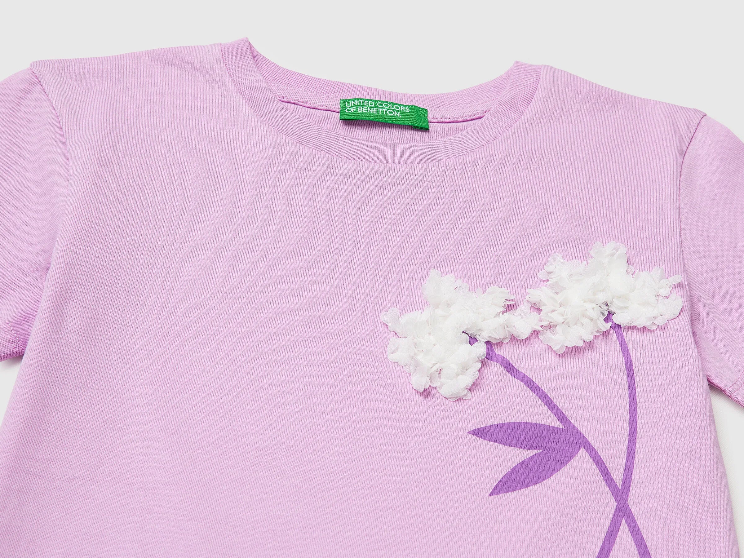 Benetton Lilac Girls T-Shirt with Print and Embroidery SKU: 3I1XG10M7_00L Image 03