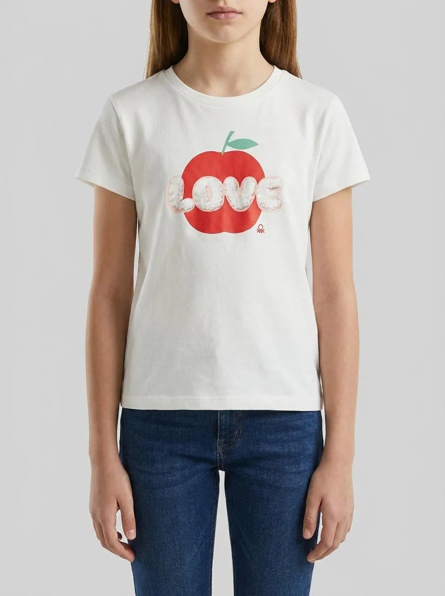 Benetton Creamy White Girls T-Shirt with Print and Embroidery SKU: 3I1XG10M7_074 Image 00