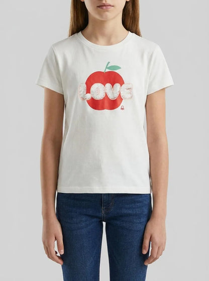 Benetton Creamy White Girls T-Shirt with Print and Embroidery SKU: 3I1XG10M7_074 Image 00