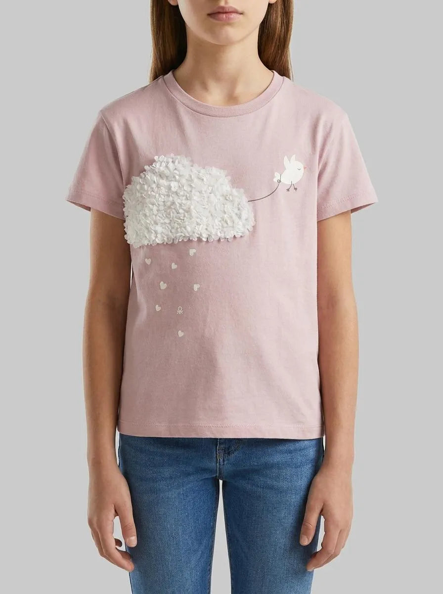 Benetton Pink Girls T-Shirt with Print and Embroidery SKU: 3I1XG10M7_0C3 Image 00