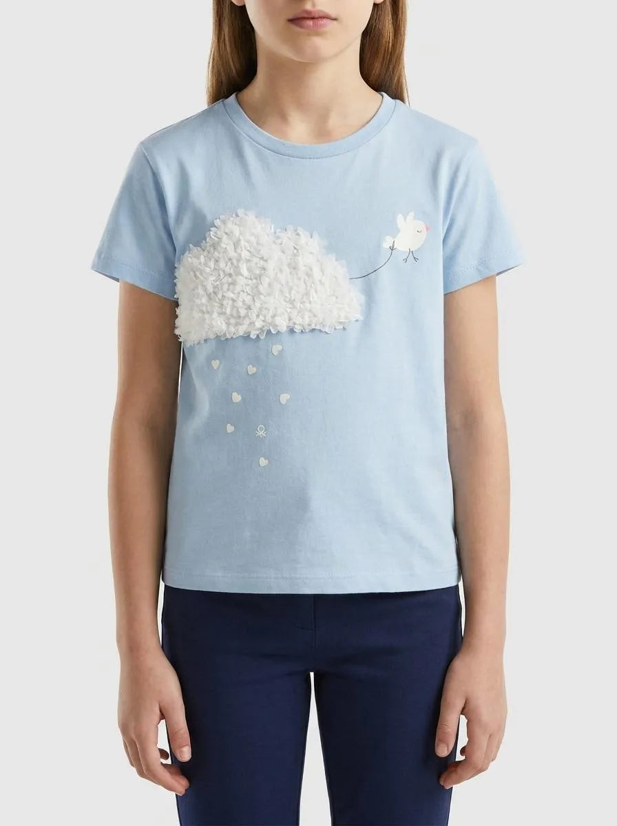 Benetton Light Blue Girls T-Shirt with Print and Embroidery SKU: 3I1XG10M7_12C Image 00
