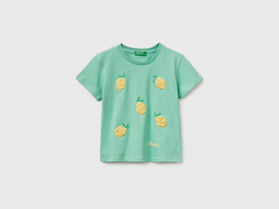 Benetton Aqua Girls T-Shirt with Print and Embroidery SKU: 3I1XG10M7_13D Image 01