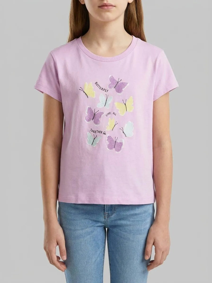 Benetton Lilac Girls T-Shirt with Print and Glitter SKU: 3I1XG10M8_00L Image 00