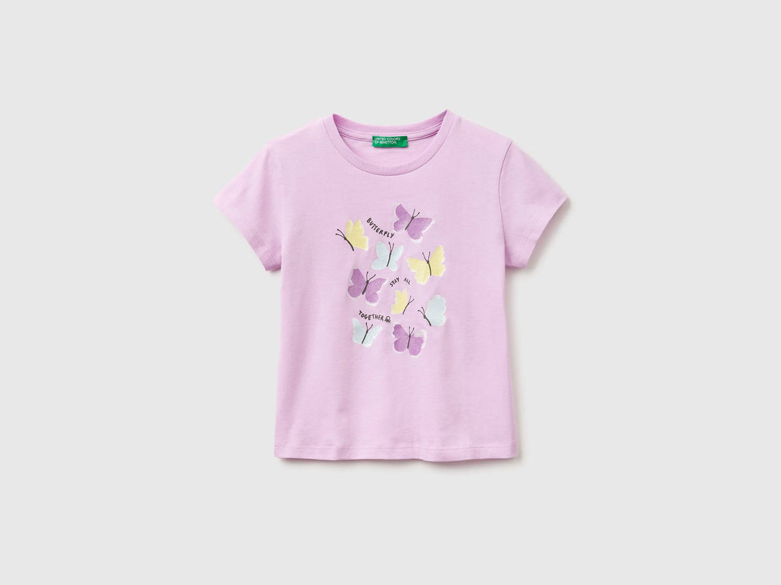 Benetton Lilac Girls T-Shirt with Print and Glitter SKU: 3I1XG10M8_00L Image 01